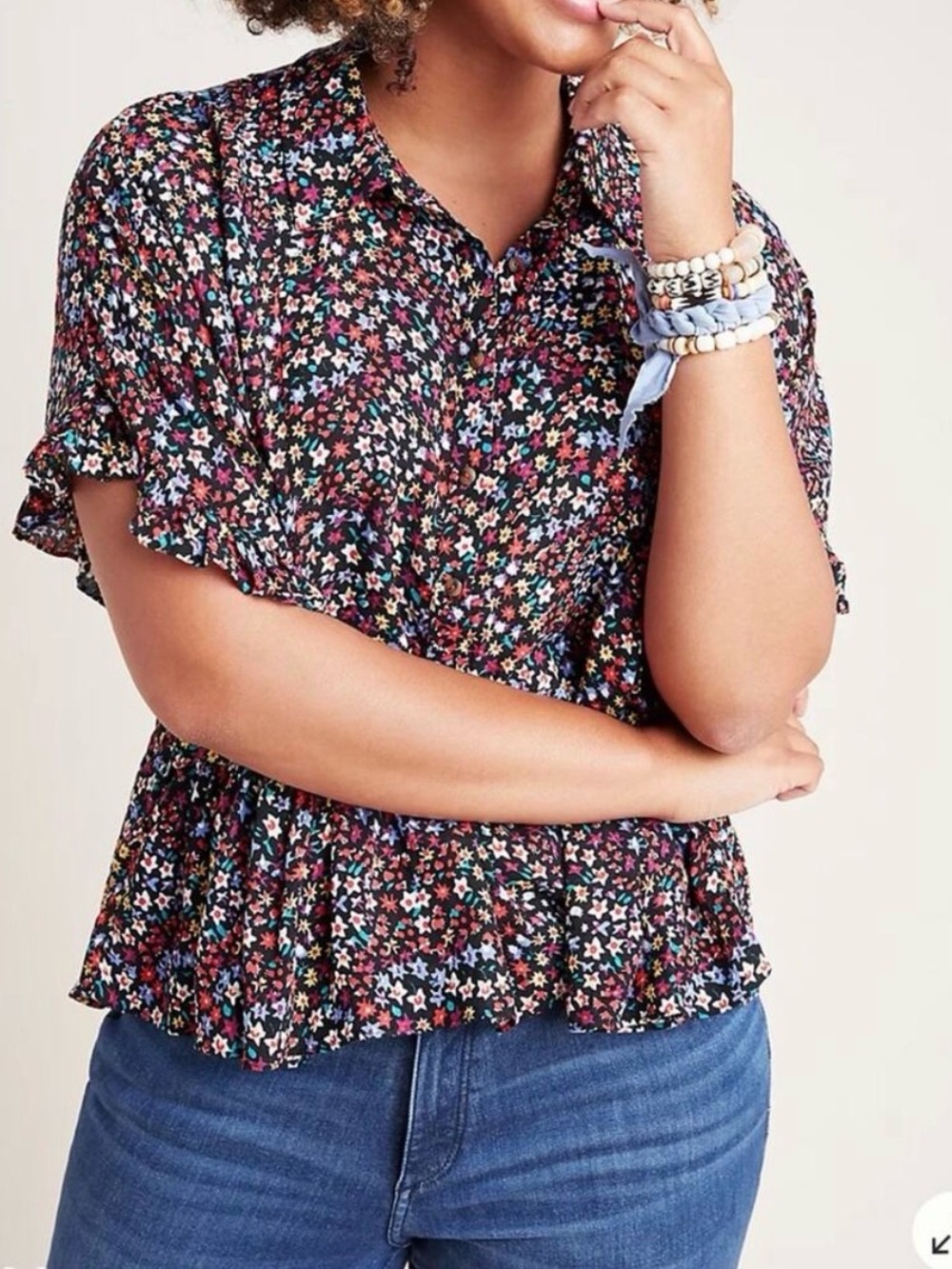 Anthropologie Maeve Black Multicolor Floral Short-Sleeve Peplum Blouse